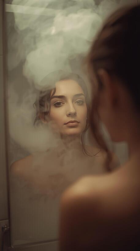 A softly lit, visually appealing photograph captures a woman in a bathroom, her gaze directed towards her own indistinct reflection in the steamy mirror. The scene emphasizes a mood of quiet introspection, with subtle color tones and a shallow depth of field blurring the background to focus on the woman and her mirrored image.