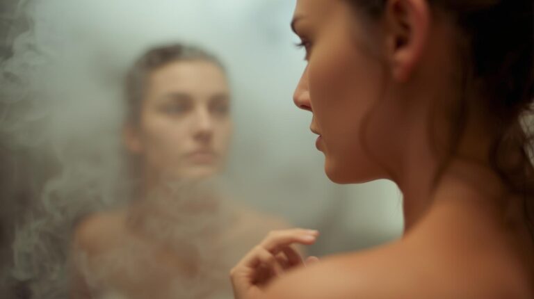 A softly lit, visually appealing photograph captures a woman in a bathroom, her gaze directed towards her own indistinct reflection in the steamy mirror. The scene emphasizes a mood of quiet introspection, with subtle color tones and a shallow depth of field blurring the background to focus on the woman and her mirrored image.