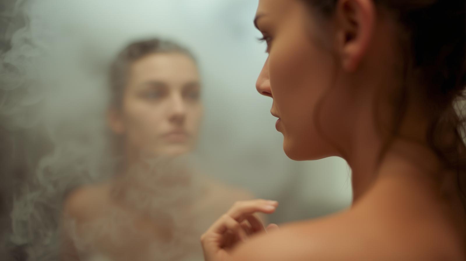 A softly lit, visually appealing photograph captures a woman in a bathroom, her gaze directed towards her own indistinct reflection in the steamy mirror. The scene emphasizes a mood of quiet introspection, with subtle color tones and a shallow depth of field blurring the background to focus on the woman and her mirrored image.